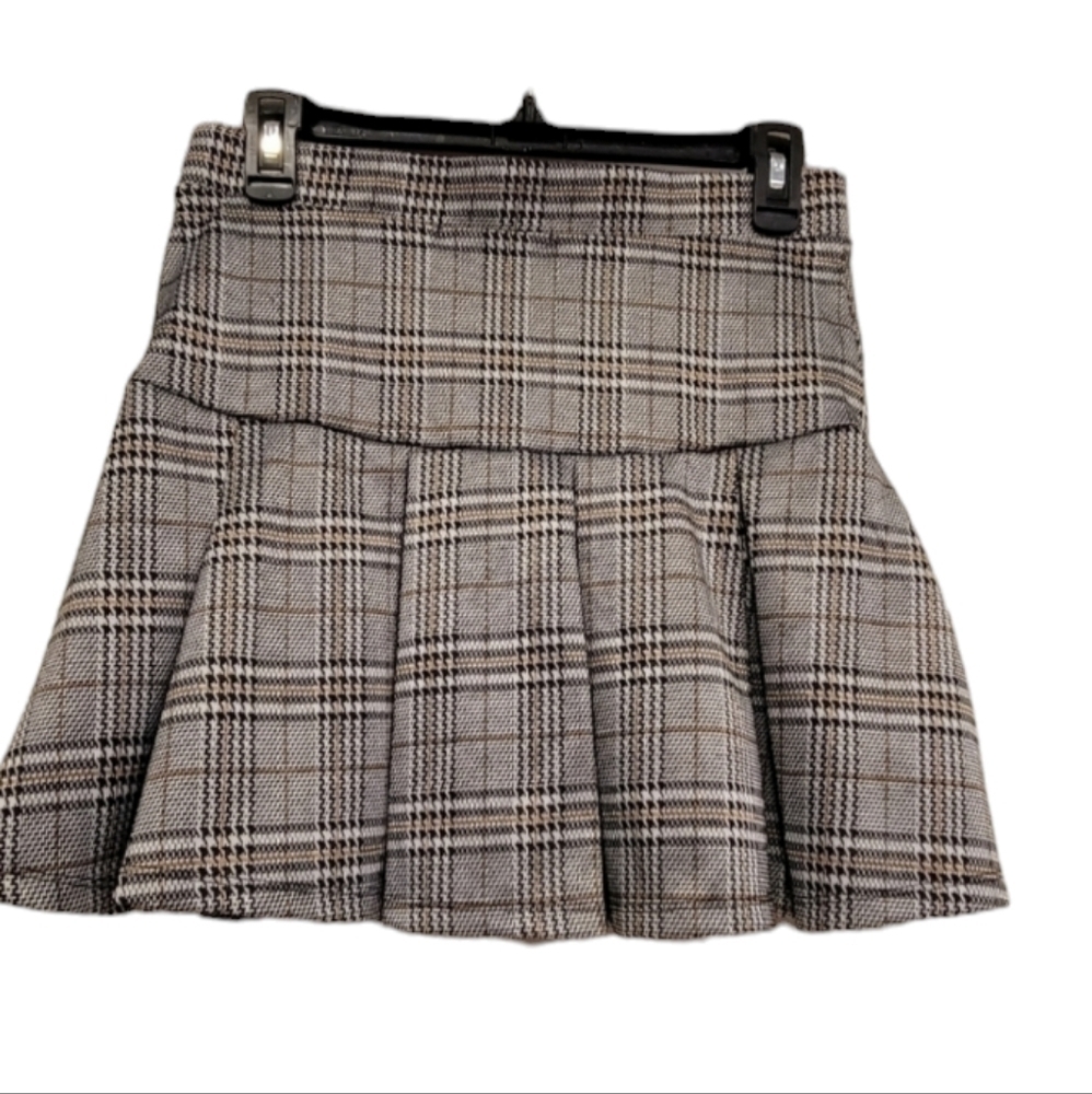 Hesperus pleated Tartan, Houndstooth brown, black, white miniskirt Size L